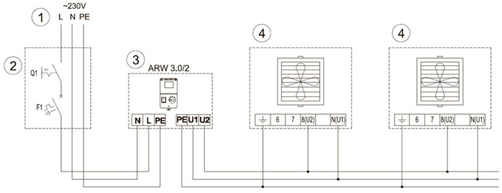 Электрическая схема подключения ARW 3,0/2 с двумя нагревателями