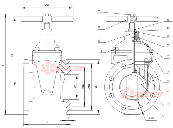 Габаритные размеры задвижки DENDOR 47GV DN500