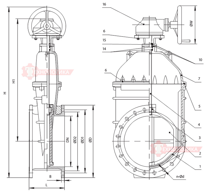 Габаритные размеры задвижки DENDOR 47GV DN600