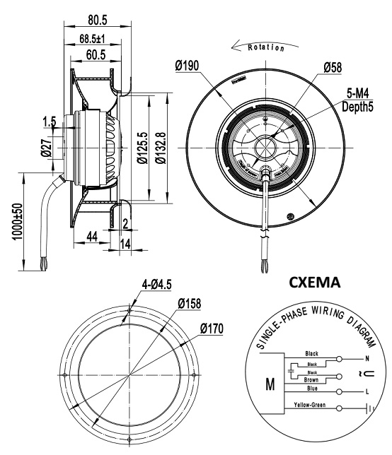 Габаритные размеры мотор-колеса MES CF190B-2E-AC0D