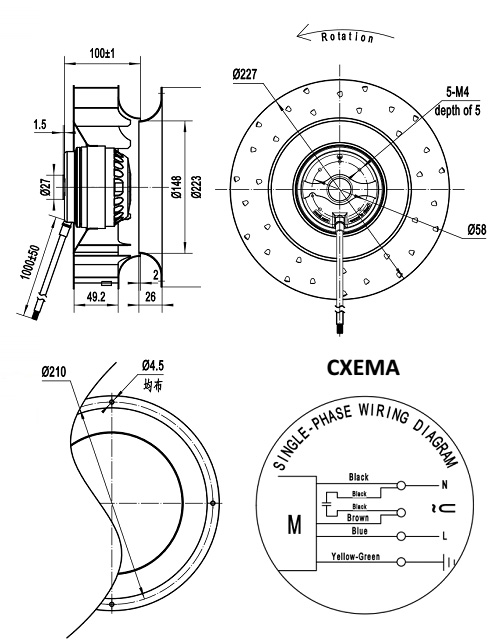 Габаритные размеры мотор-колеса MES CF225B-2E-AC0D