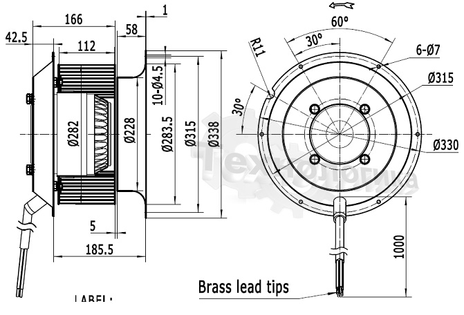 Габаритные размеры мотор-колеса  MES RE280F-4E-AC0E