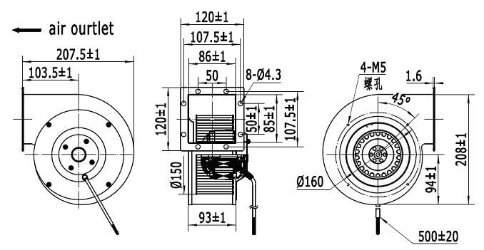 Габаритные размеры мотор-колеса MES RG150F-2E-AC0
