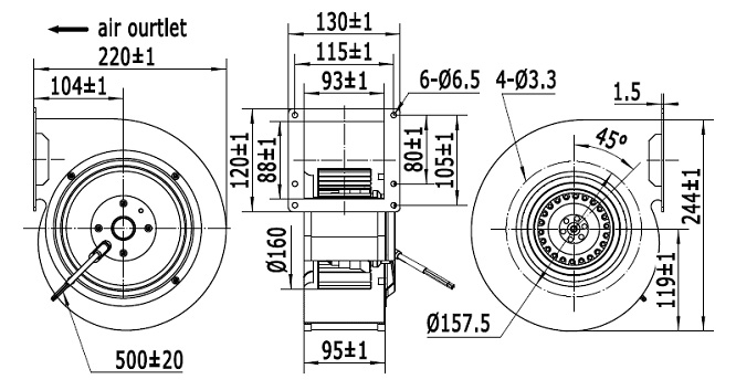 Габаритные размеры мотор-колеса MES RG160F-2E-AC0