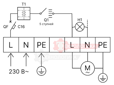 Схема подключения регулятора скорости RGB SRE-220–5/5А-230В