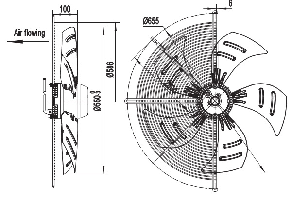 Габаритные размеры осевого вентилятора VILMANN SQA-550-6E-01
