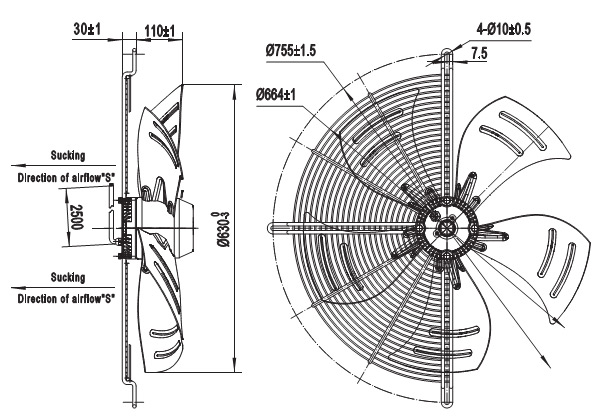 Габаритные размеры осевого вентилятора VILMANN SQA-630-6E-01
