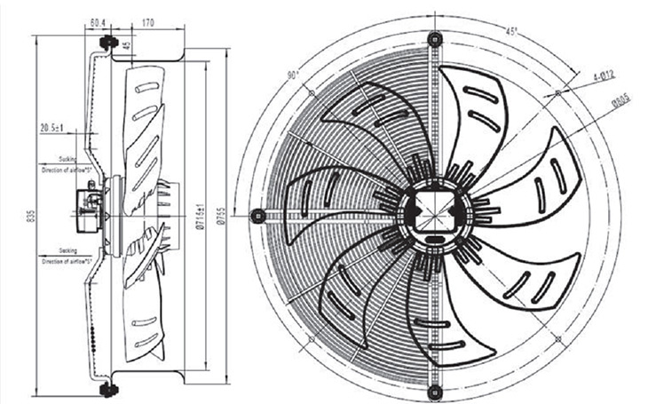 Габаритные размеры осевого вентилятора VILMANN SQA-710-6D-01