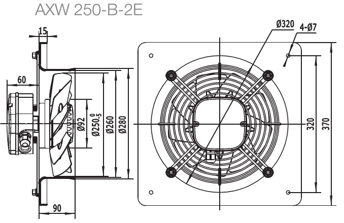 Габаритные размеры вентилятора SHUFT AXW 250-B-2E