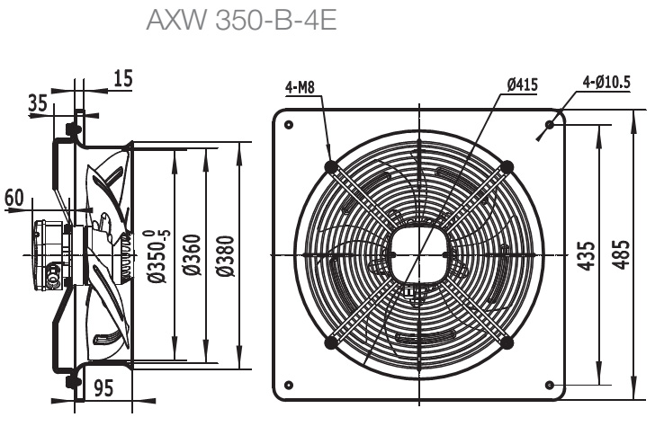 Габаритные размеры вентилятора SHUFT AXW 350-B-4E