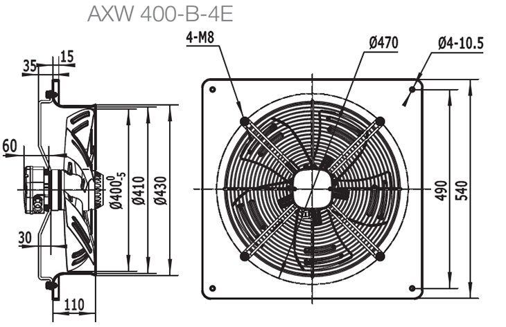 Габаритные размеры вентилятора SHUFT AXW 400-B-4E