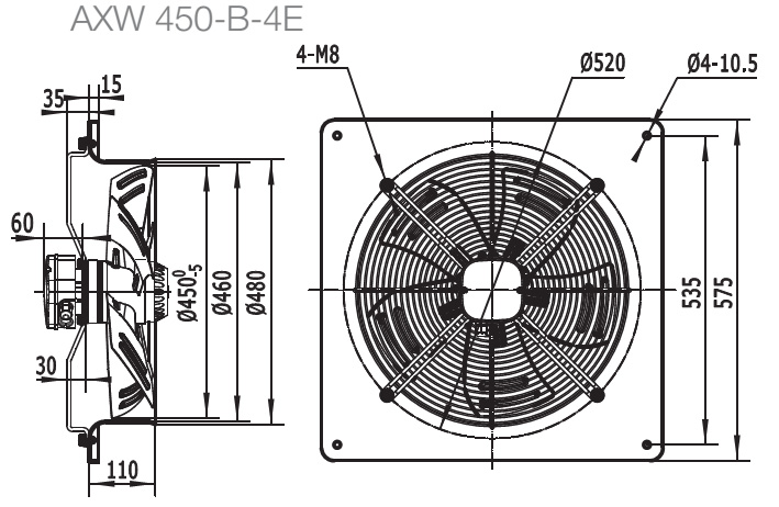 Габаритные размеры вентилятора SHUFT AXW 450-B-4E